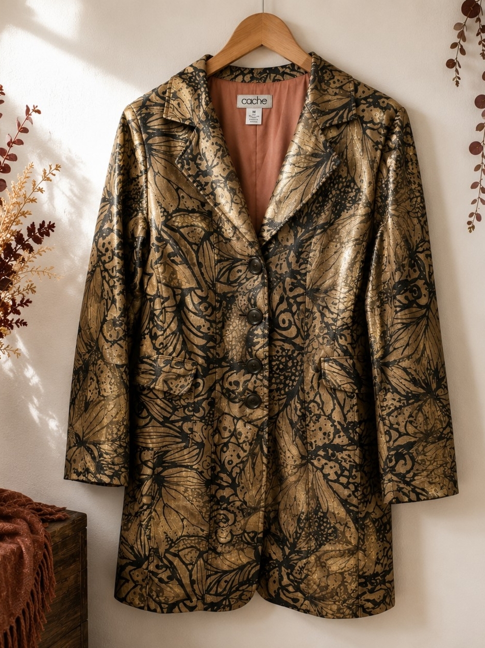 Caché 100% Linen Botanical Art to Wear Blazer Gold Sheen Jacket M